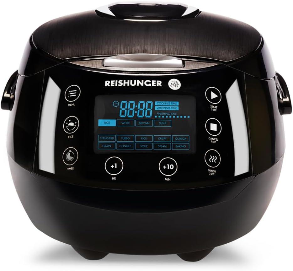 Reishunger Digital Rice Cooker and Steamer, Black, Timer - 8 Cups - Premium Inner Pot, Multi Cooker with 12 Programs & 7-Phase Technology for Brown Rice, Soups, Grains, Oatmeal & more - 1-8 People