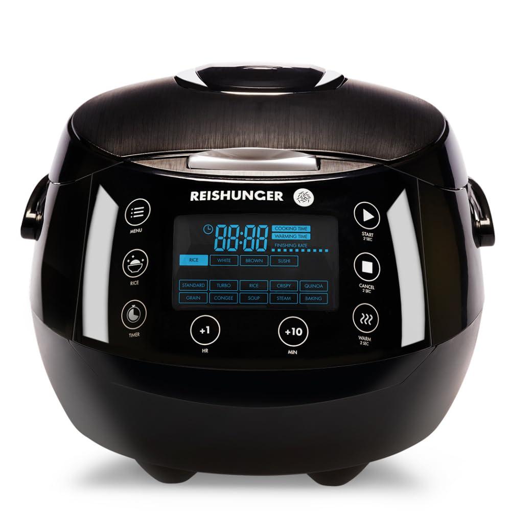 Reishunger Digital Rice Cooker and Steamer, Black, Timer - 8 Cups - Premium Inner Pot, Multi Cooker with 12 Programs & 7-Phase Technology for Brown Rice, Soups, Grains, Oatmeal & more - 1-8 People