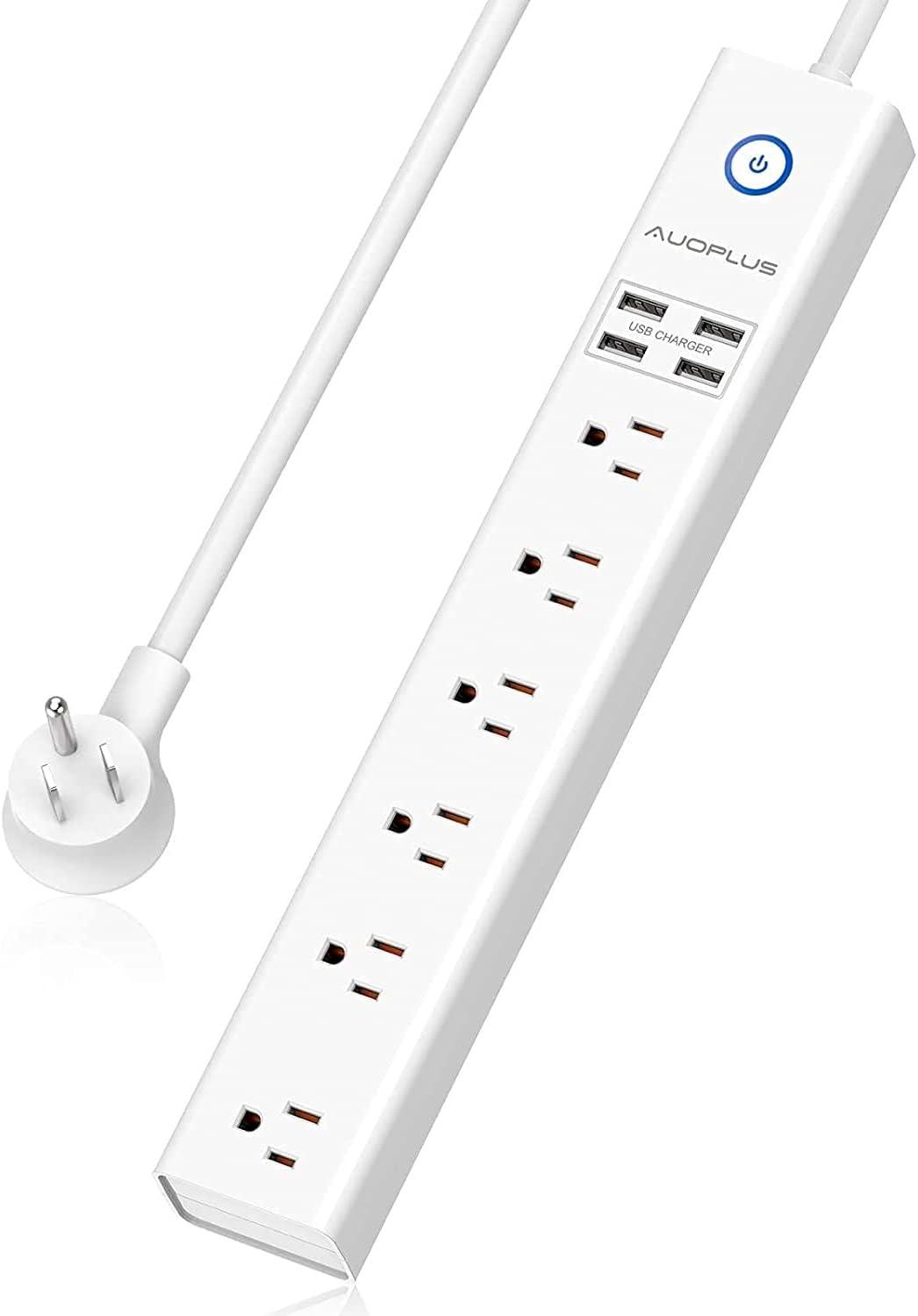 White 10ft Surge Protector Power Strip with USB Ports