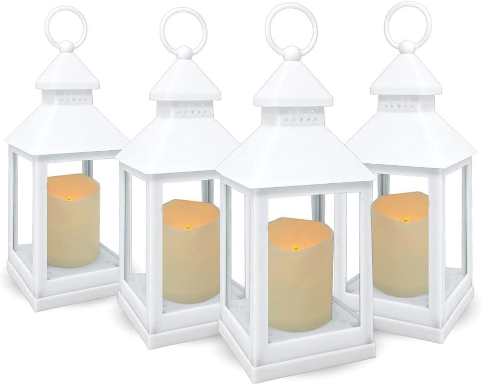 Decorative White Lanterns - Set of 4 - 4 Hour Timer - Remote – 9 3/8"H White LED Lanterns with Flameless Pillar Candles Included - Indoor/Outdoor Lantern Set- Hanging or Sitting Decoration - 9634-4W