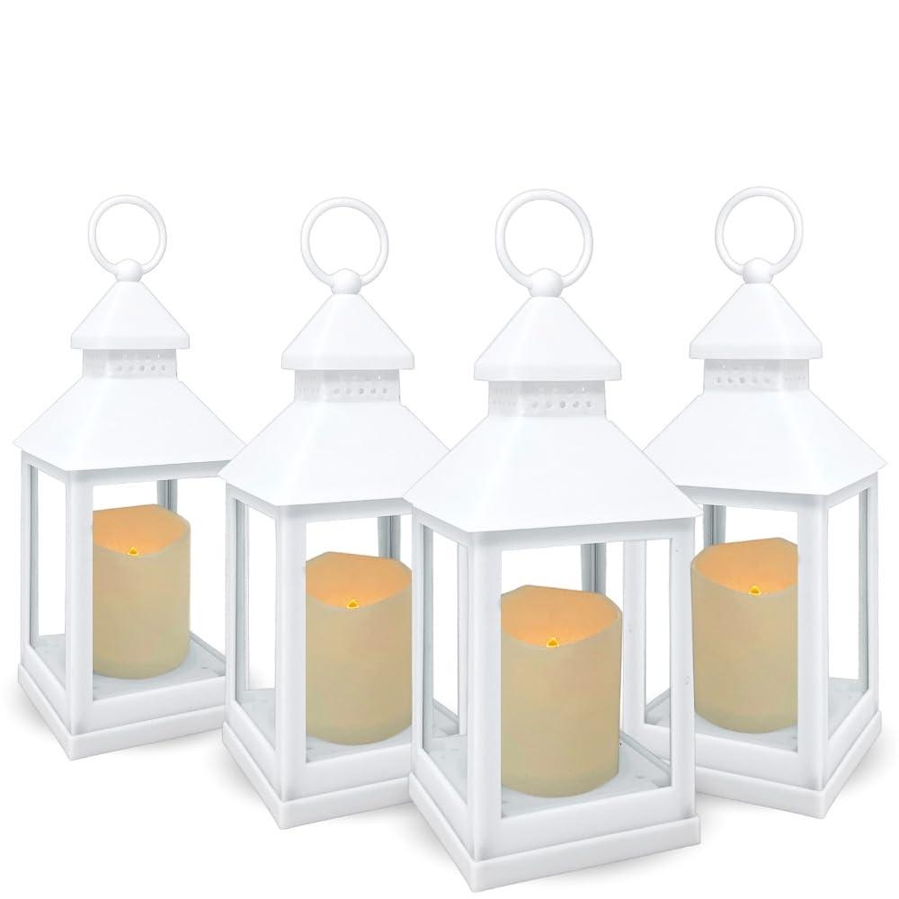 Decorative White Lanterns - Set of 4 - 4 Hour Timer - Remote – 9 3/8"H White LED Lanterns with Flameless Pillar Candles Included - Indoor/Outdoor Lantern Set- Hanging or Sitting Decoration - 9634-4W