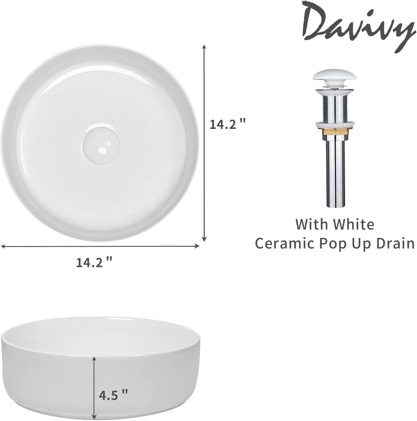 Davivy 14.2'' White Ceramic Circular Vessel Bathroom Sink with Pop Up Drain