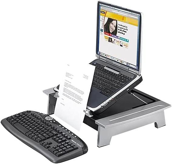 Black and Silver Adjustable Monitor Riser with Document Holder