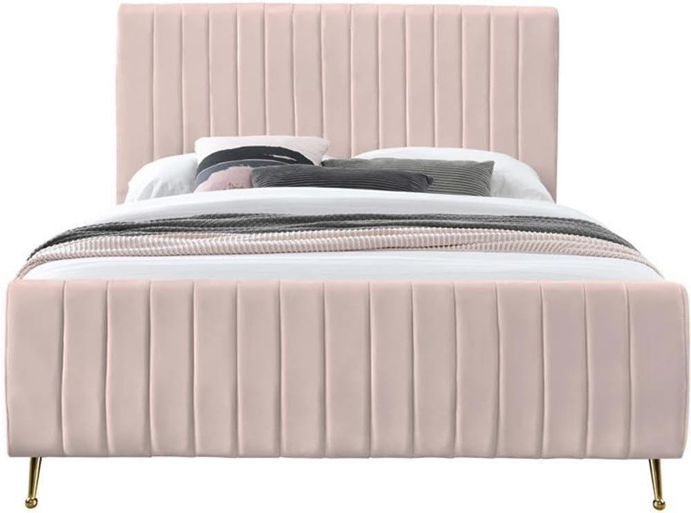 Pink Velvet Queen Bed with Tufted Upholstered Headboard