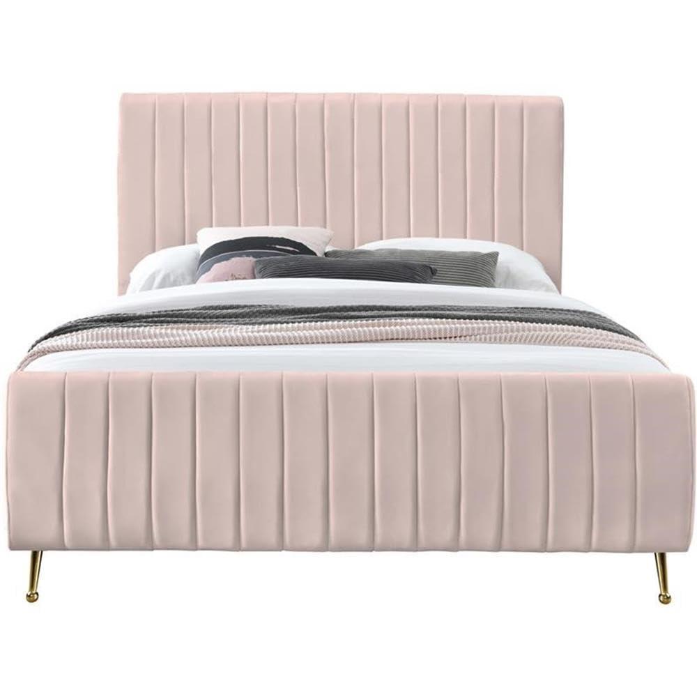 Meridian Furniture Zara Contemporary Queen Bed with Gold Legs and Slats, Pink Velvet