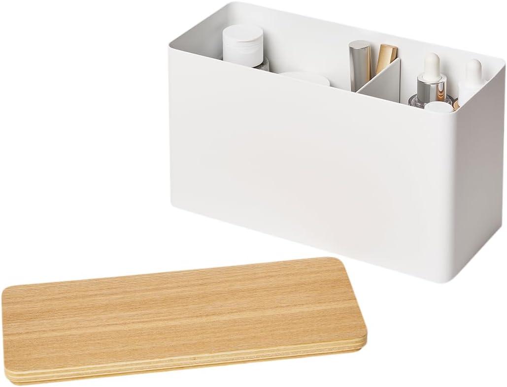 White Steel and Wood Lidded Countertop Organizer