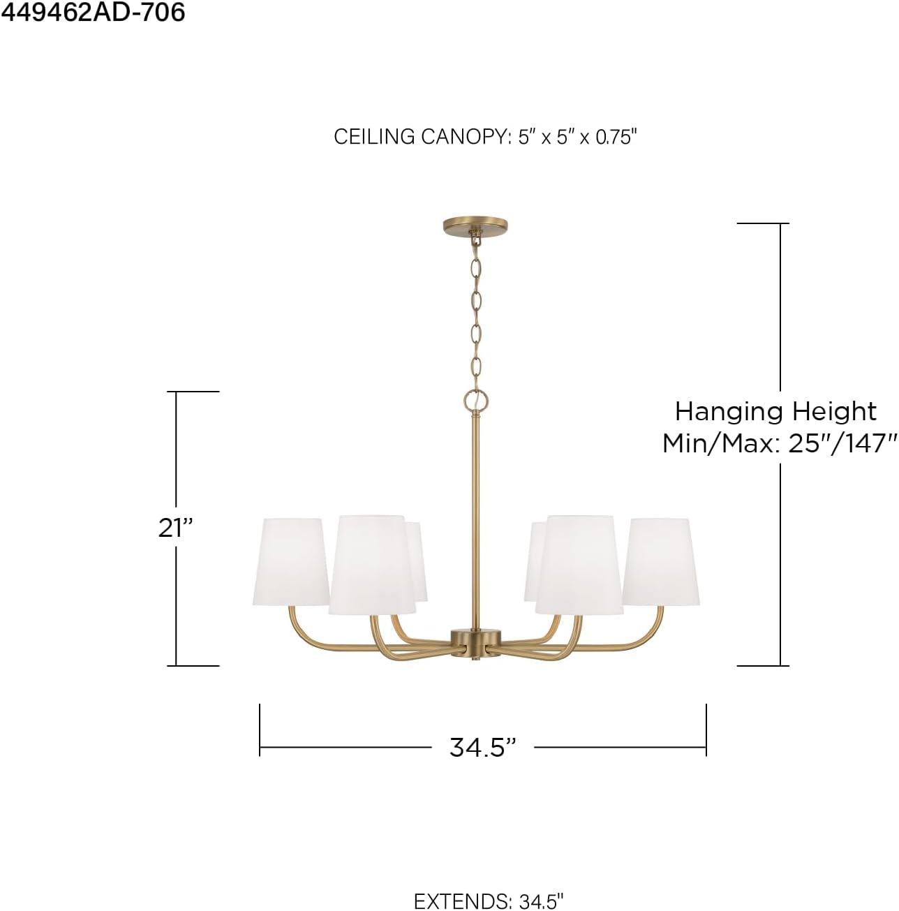 Aged Brass 6-Light Chandelier with White Fabric Shades