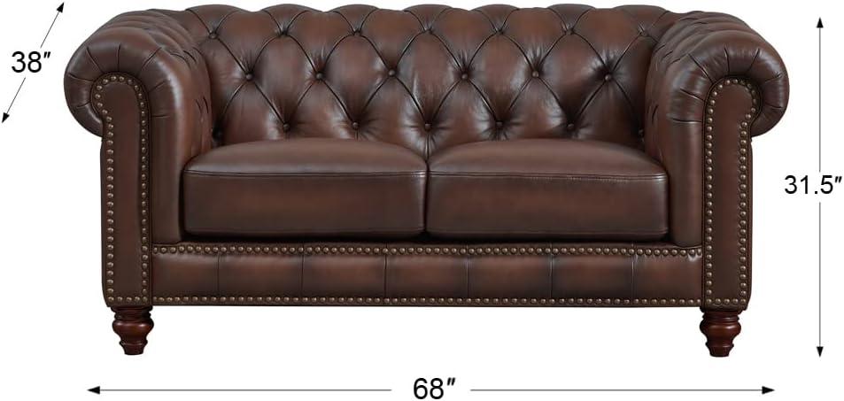 Caramel Brown Tufted Leather Chesterfield Loveseat with Nailhead Trim