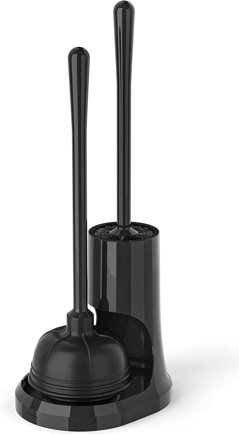 Black Rubber Toilet Plunger and Brush Set with Holder