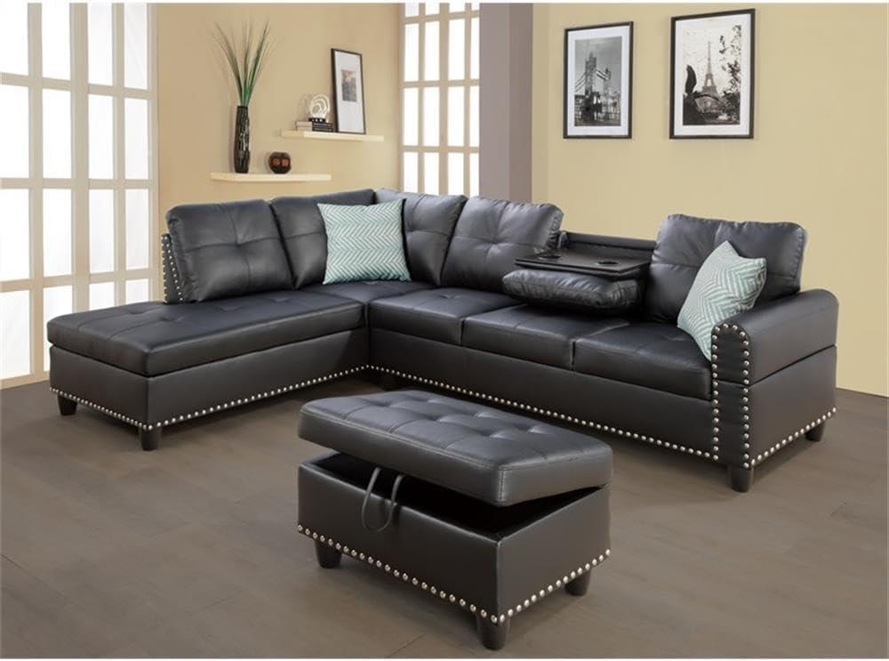 Black Tufted Faux Leather L-Shape Sectional Sofa with Ottoman