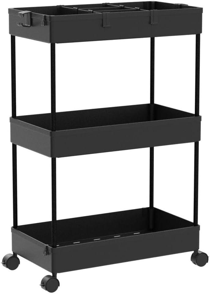 Black 3-Tier Rolling Plastic Storage Cart with Wheels