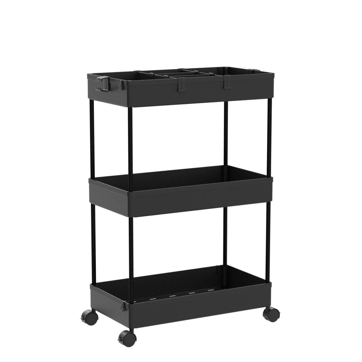 Black 3-Tier Rolling Plastic Storage Cart with Wheels