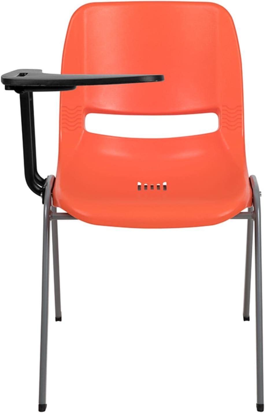 Compact Orange Ergonomic Shell Chair with Flip-Up Tablet Arm