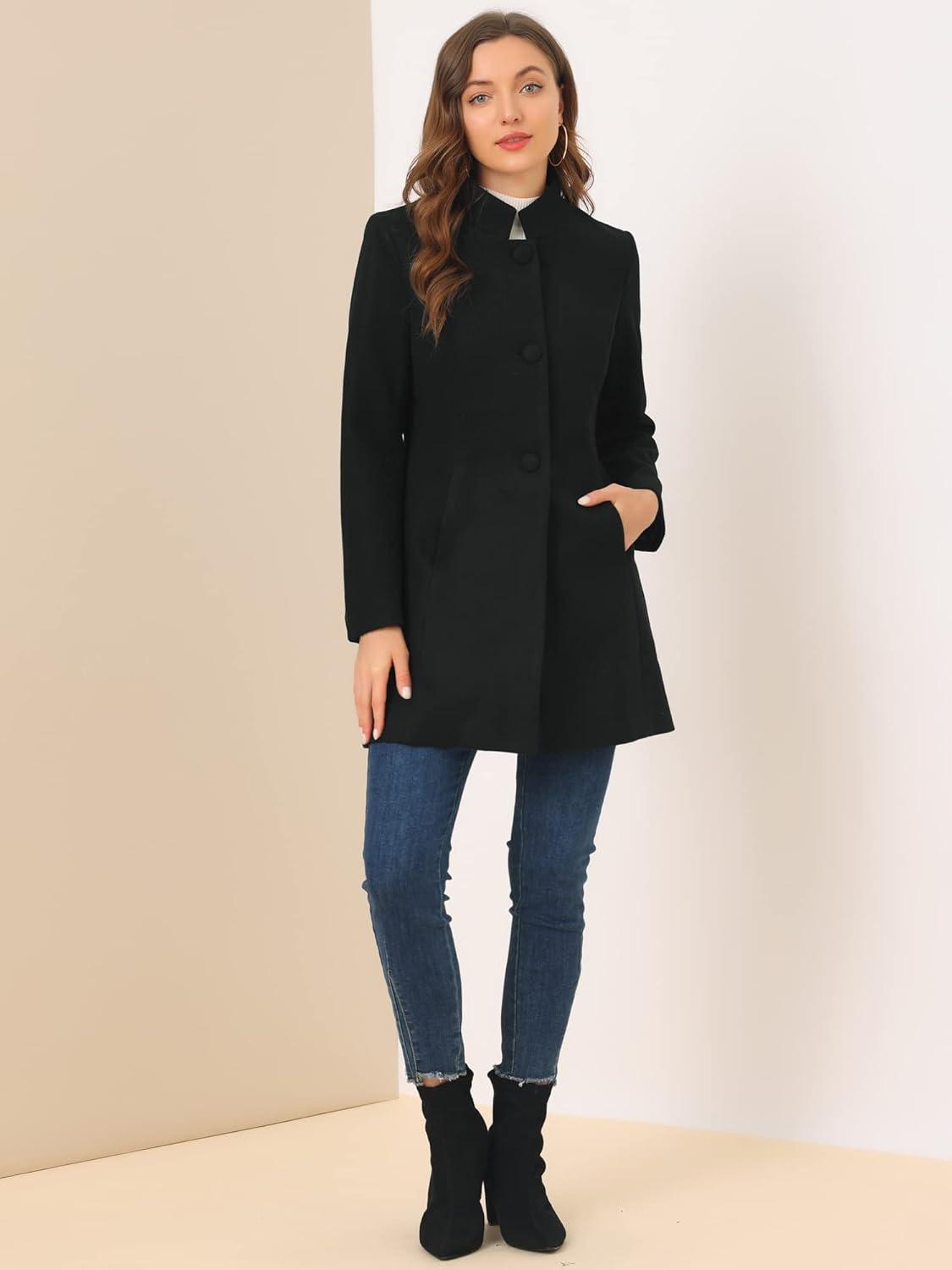 INSPIRE CHIC Women's Winter Stand Collar Single Breasted Mid-thigh Long Overcoat