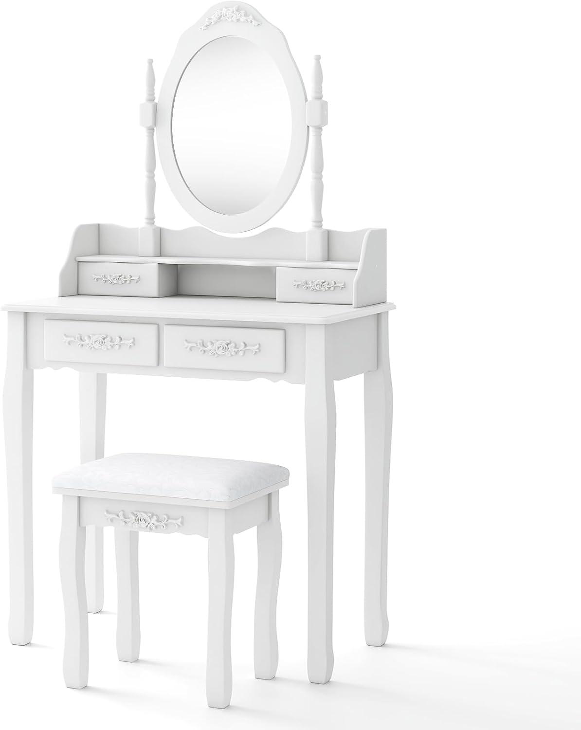 Giantex Girls Vanity Desk with 4 Drawers, White Makeup Vanity Table with Mirror and Cushioned Stool, Rose Shaped Knobs, Modern Bedroom Dressing Table for Small Place Apartment