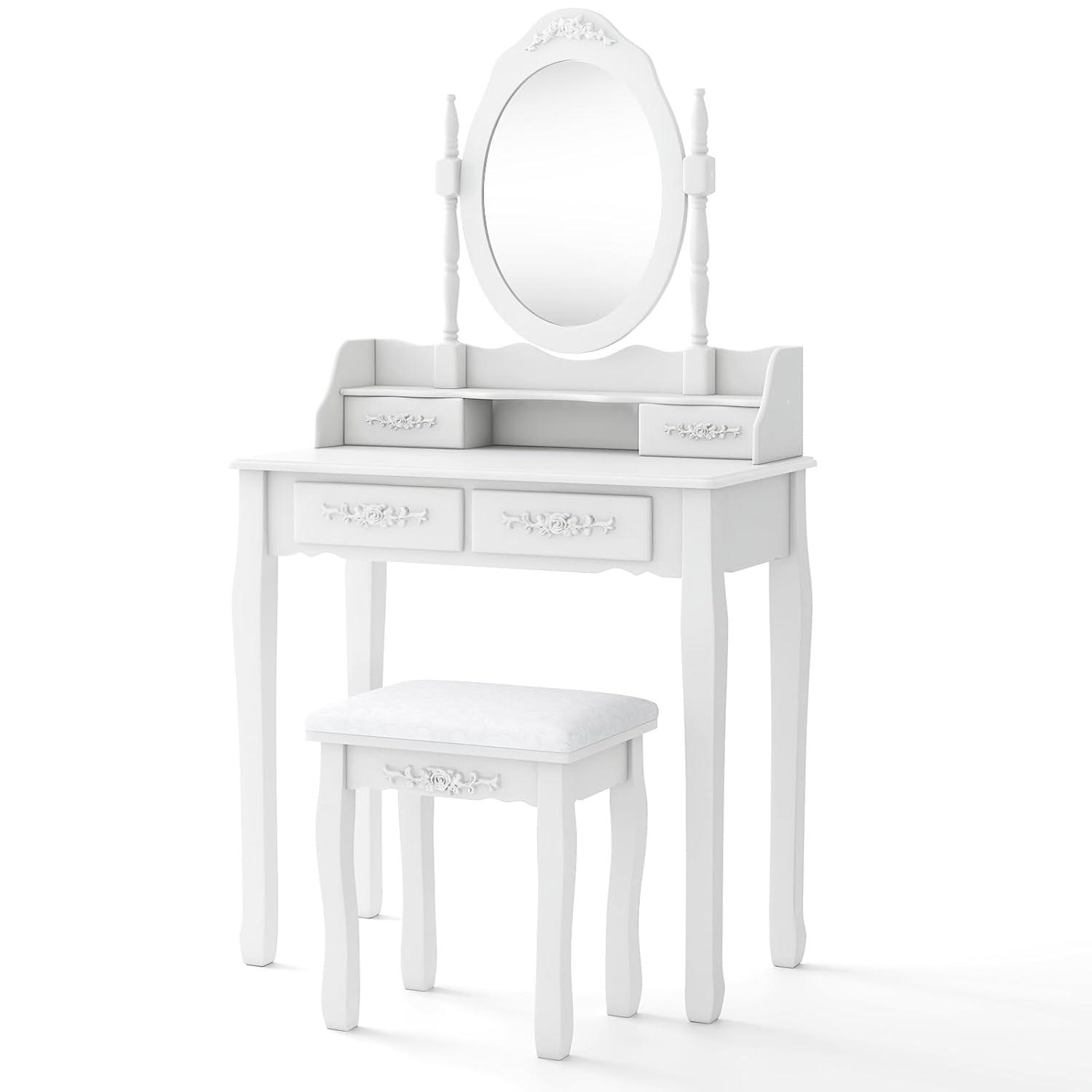 Giantex Girls Vanity Desk with 4 Drawers, White Makeup Vanity Table with Mirror and Cushioned Stool, Rose Shaped Knobs, Modern Bedroom Dressing Table for Small Place Apartment