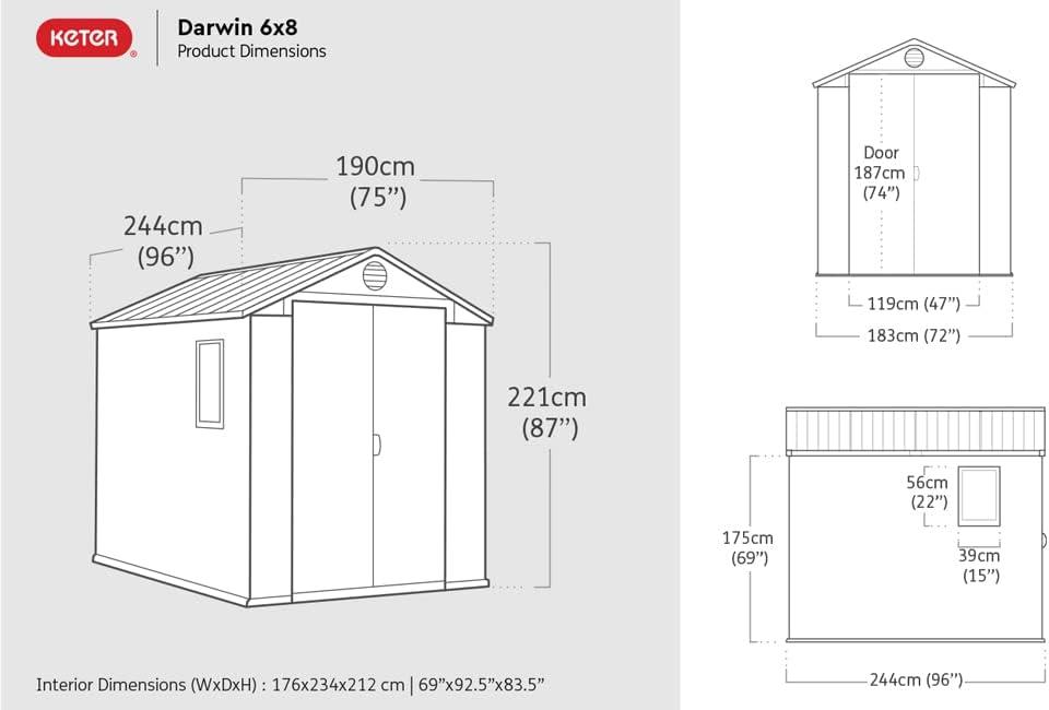 Keter Darwin 6x8 ft. Durable Resin Outdoor Storage Shed With Floor and Double Doors for Garden Patio Furniture and Tools, Brown