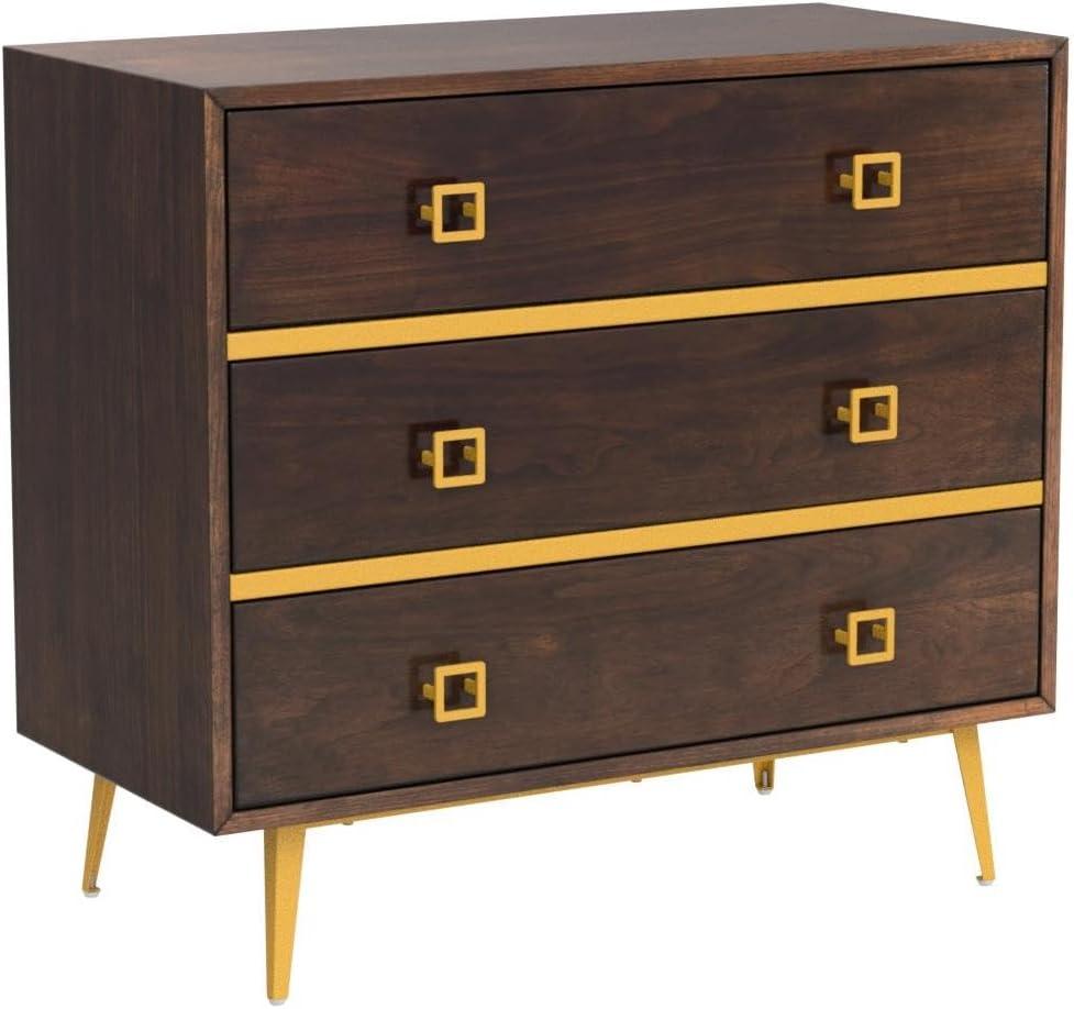 Katia Transitional Walnut 3-Drawer Chest with Gold Accents