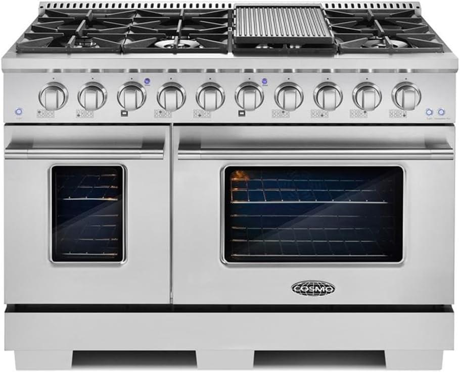 Cosmo 48" Stainless Steel Double Oven Gas Range with 8 Burners and Griddle