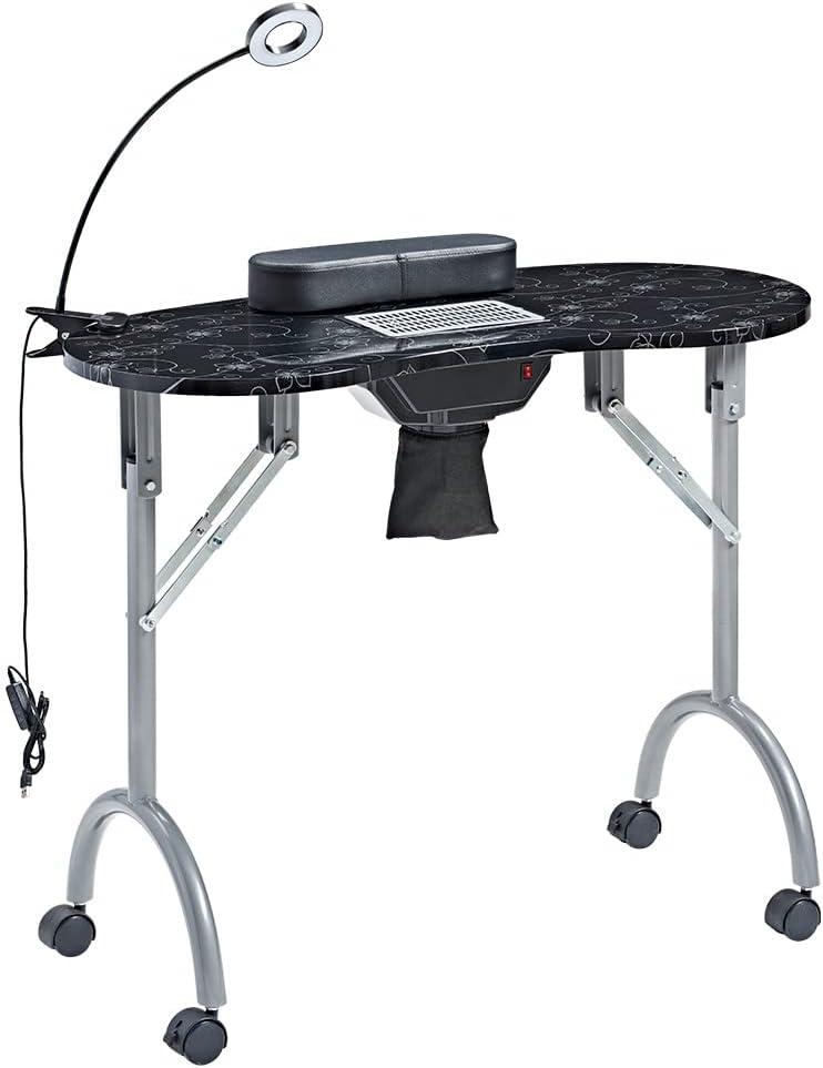 Nail Desk Portable Manicure Table, Professional Nail Table with USB-plug LED Table Lamp, Sponge Pillow, Electric Dust Collector, Carrying Bag, Black