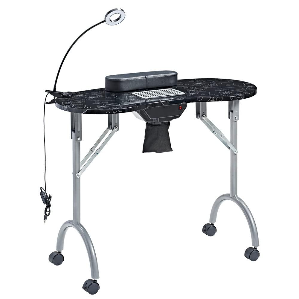 Nail Desk Portable Manicure Table, Professional Nail Table with USB-plug LED Table Lamp, Sponge Pillow, Electric Dust Collector, Carrying Bag, Black