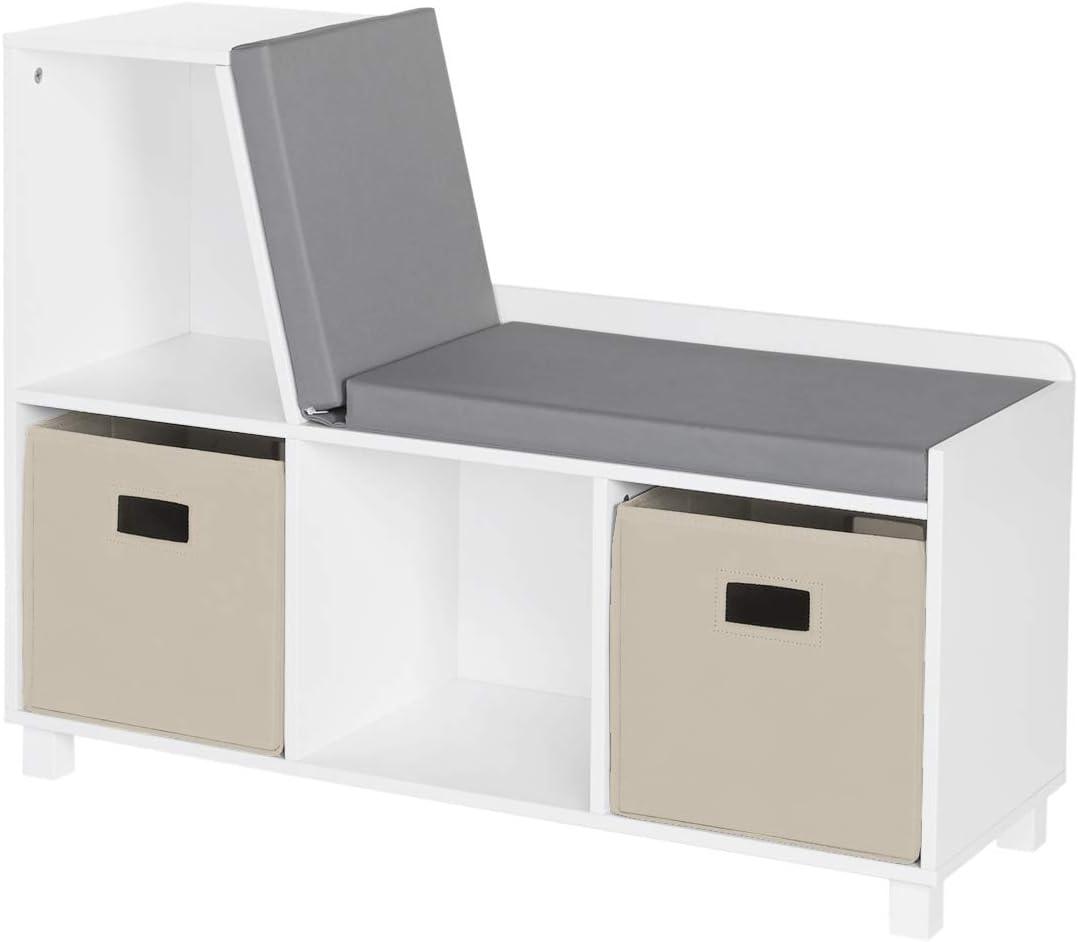 RiverRidge Home RiverRidge Kids Reading Book Nook Cushioned Toy Storage Bench with Cubby Organizers and 2 Fabric Bins- White