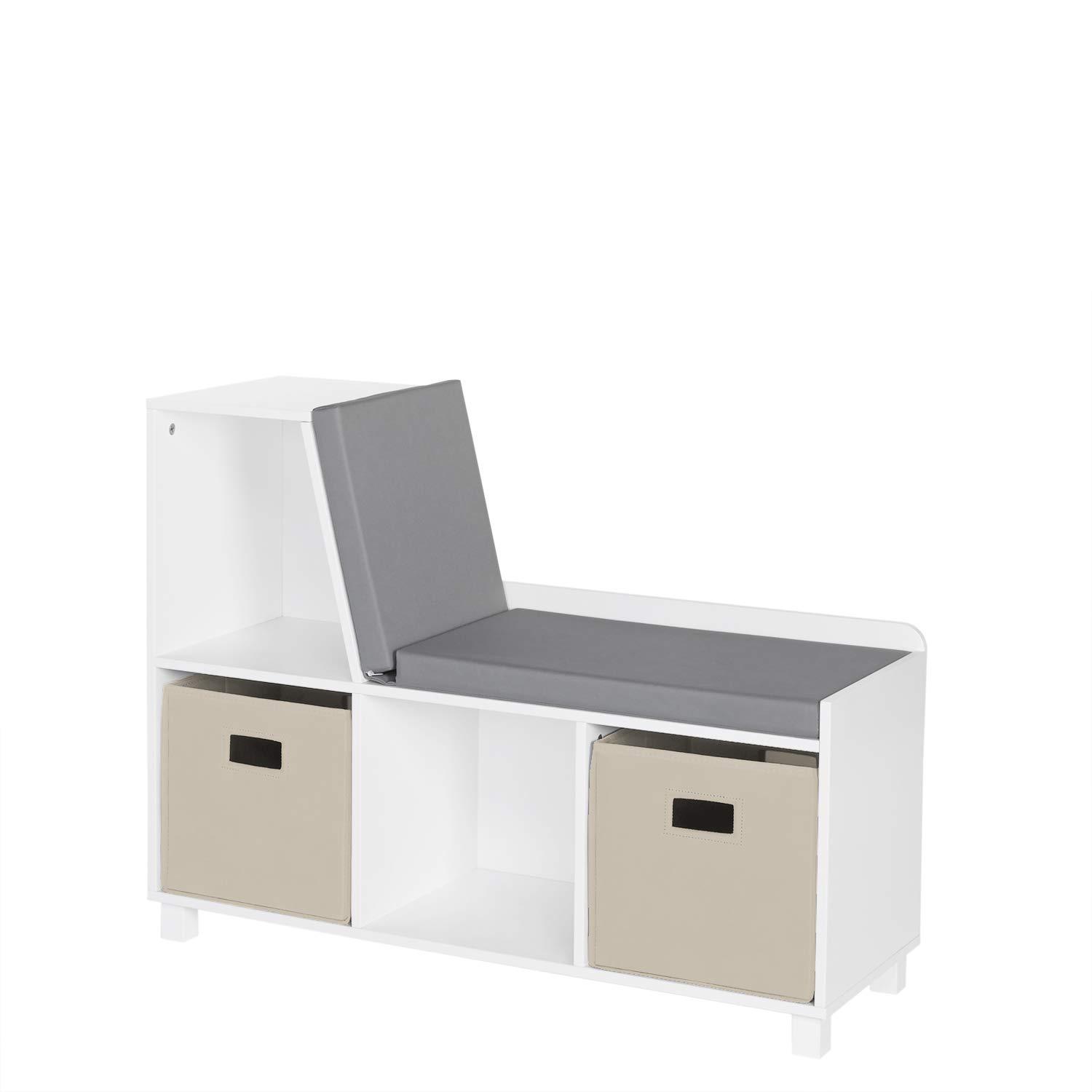 RiverRidge Home RiverRidge Kids Reading Book Nook Cushioned Toy Storage Bench with Cubby Organizers and 2 Fabric Bins- White