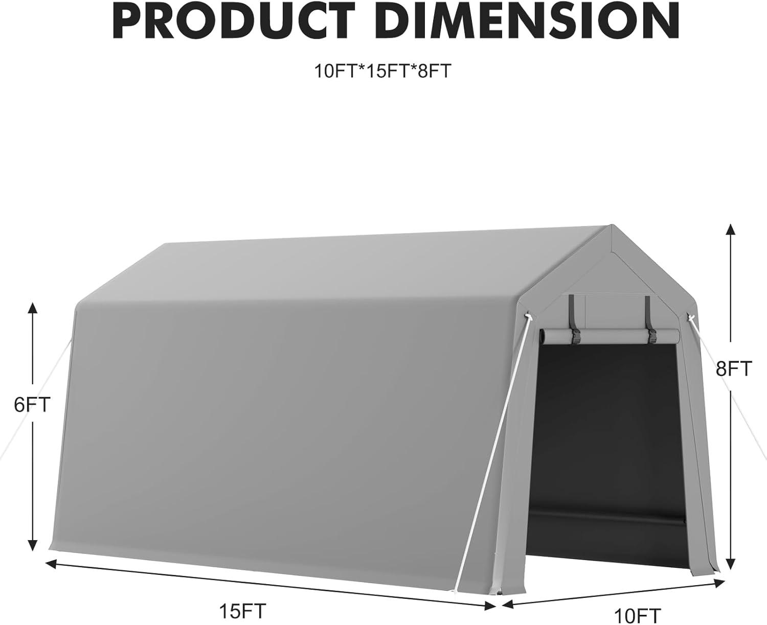 Gray Heavy Duty Waterproof Portable Carport with Zipper Doors