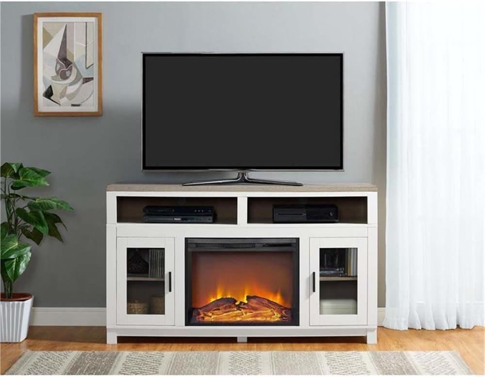 White MDF Electric Fireplace TV Stand with Glass Cabinets