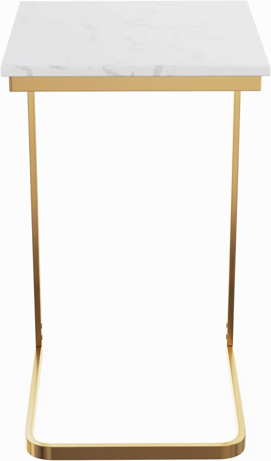 C-Shaped End Table - Real Marble Side Table with Gold Iron Frame for Couch, Loveseat, or Bed - Modern Living Room Furniture by Lavish Home (White)