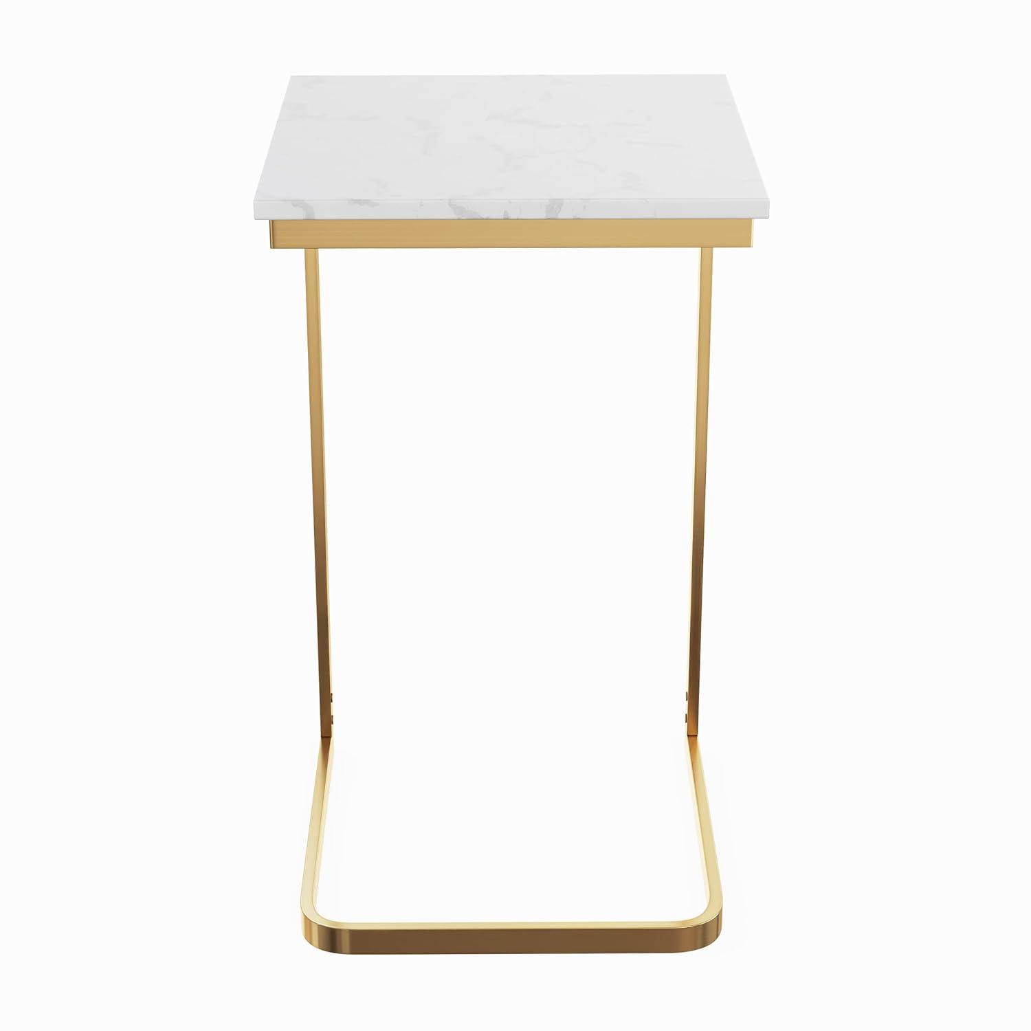 C-Shaped End Table - Real Marble Side Table with Gold Iron Frame for Couch, Loveseat, or Bed - Modern Living Room Furniture by Lavish Home (White)