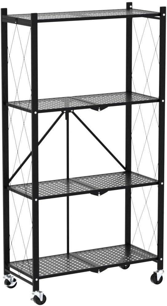 HeSLehs 4-Tier Heavy Duty Foldable Metal Rack Storage Shelving Unit with Wheels Moving Easily Organizer Shelves Great for Garage Kitchen, Black