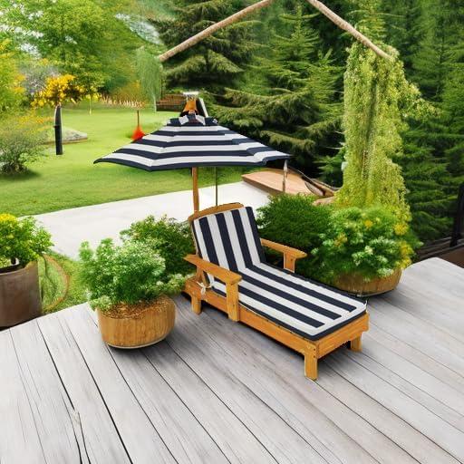 KidKraft Outdoor Wood Chaise Children's Chair with Umbrella and Cushion, Navy and White