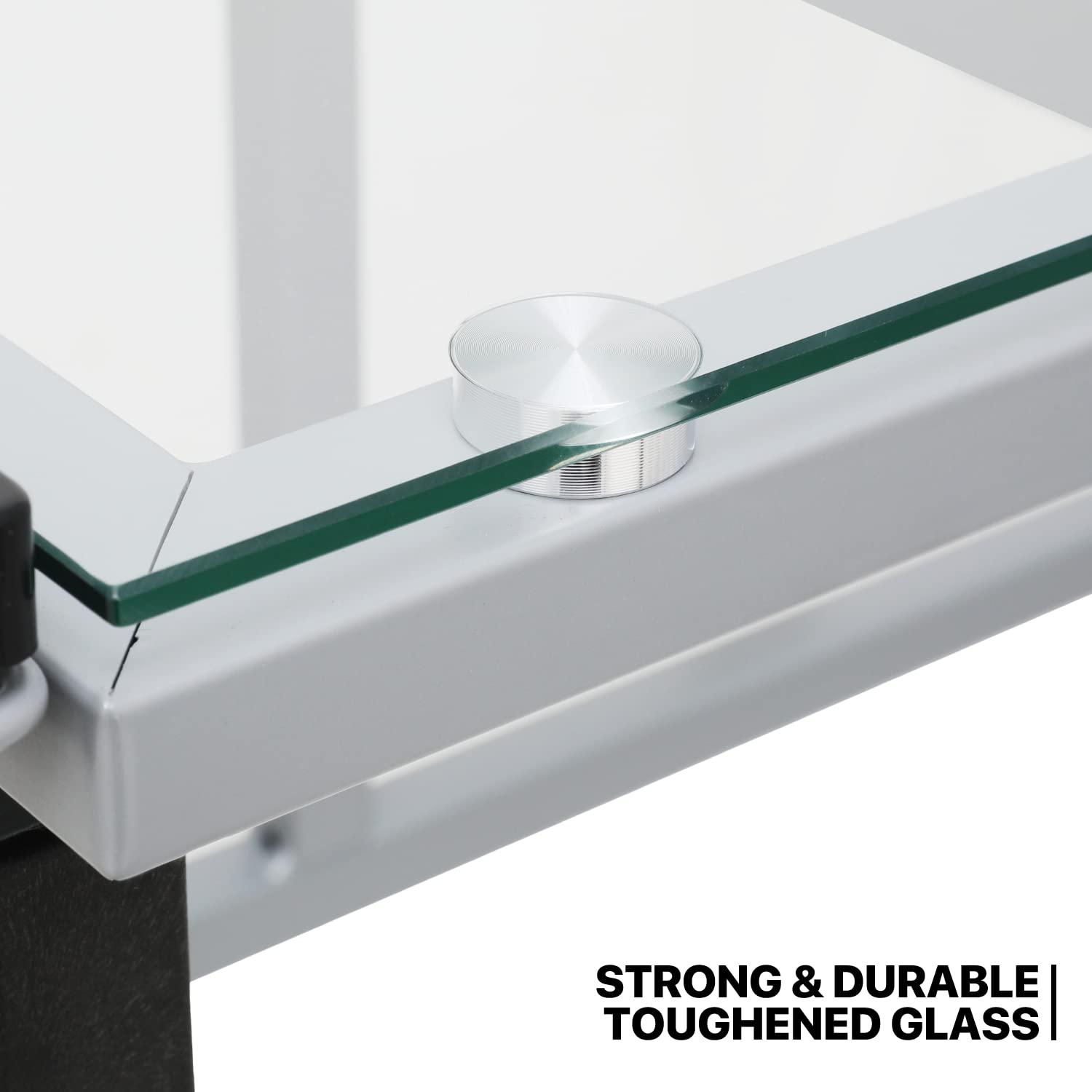 LIQI Drafting Table on Wheels with Storage & Side Tray - Adjustable 0-65° Glass Tabletop, Replaceable Feet Art Desk