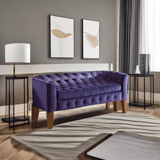 Purple Velvet Tufted Storage Bench with Wood Legs