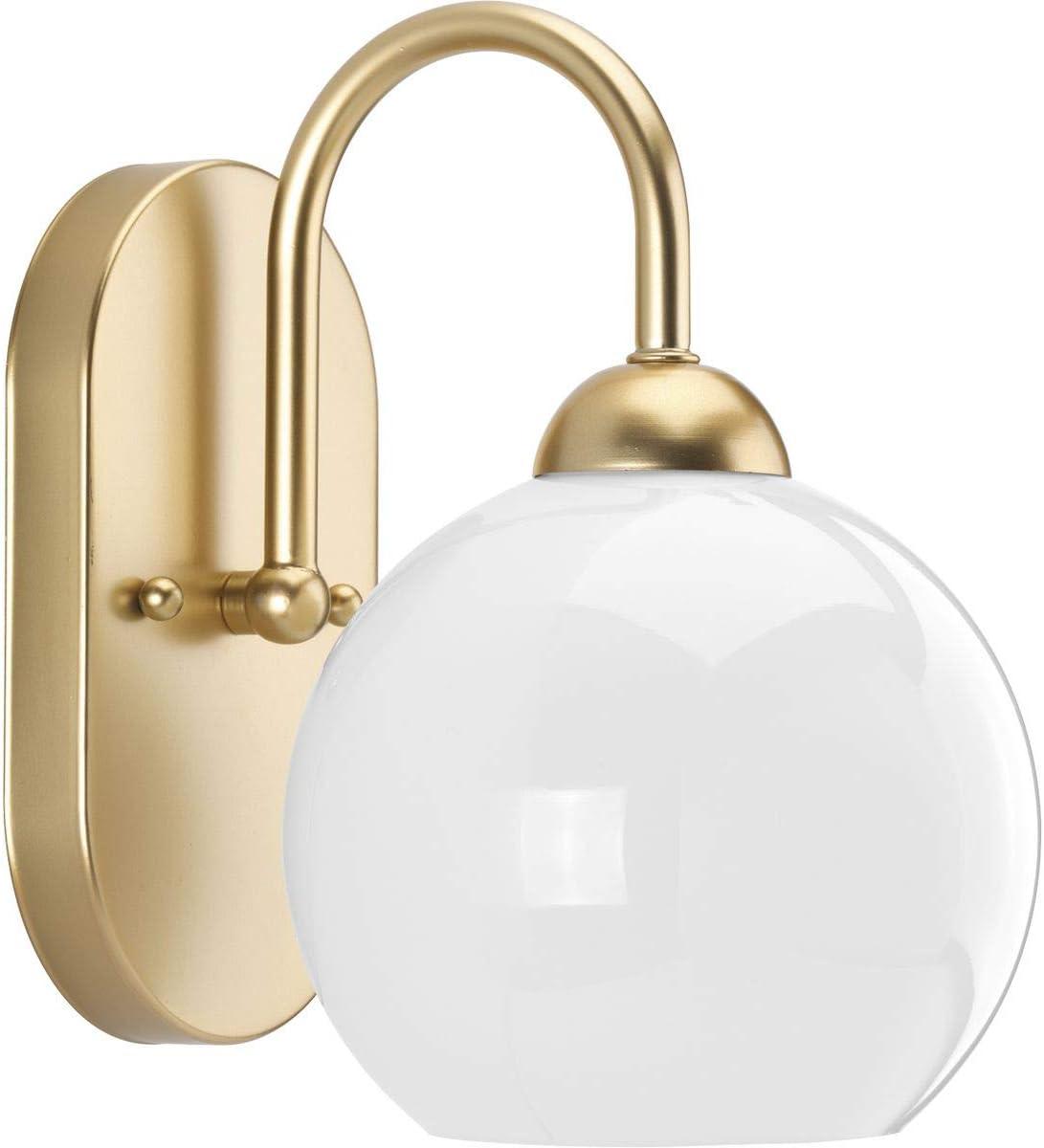 Progress Lighting Carisa 1-Light Bath Wall Light, Vintage Gold, White Glass Globe Shade