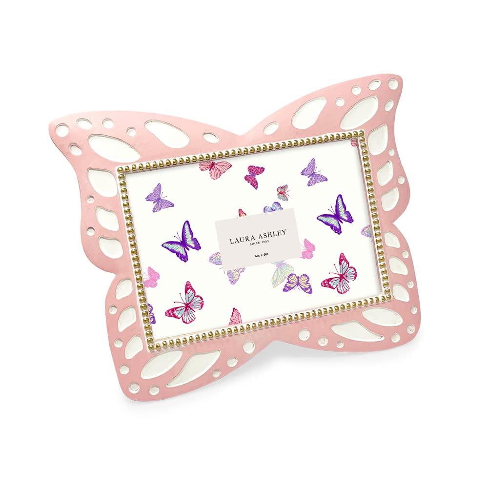 Laura Ashley 4x6 Horizontal Pink Resin Butterfly Picture Frame with Dotted Edges, Photo Frame with Black Fabric Easel, Made for Tabletop & Wall-Hanging Display (6x4, Pink)