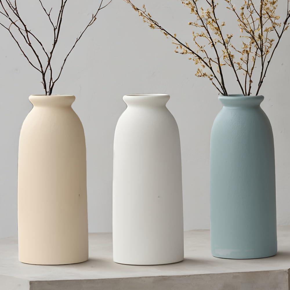 Latitude Run® Set Of 3 Multicolor Ceramic Vases For Home Decor, Farmhouse Style Centerpieces For Living Room, Table, Fireplace, Or Entryway (Blue Mix)