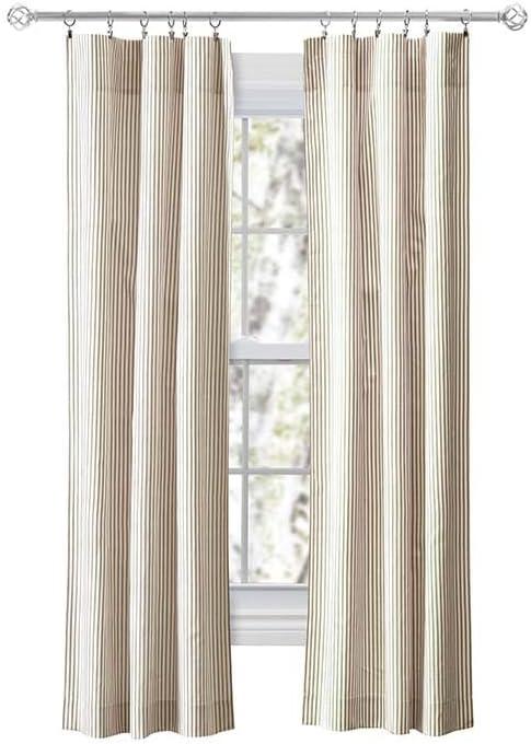 Tan Cotton Polyester Striped Rod Pocket Curtains with Tiebacks