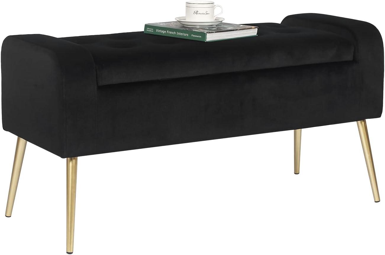 Large Black Velvet Tufted Ottoman with Gold Metal Legs