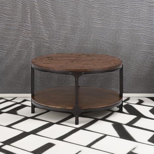 Industrial Round Brown Pine and Steel Coffee Table