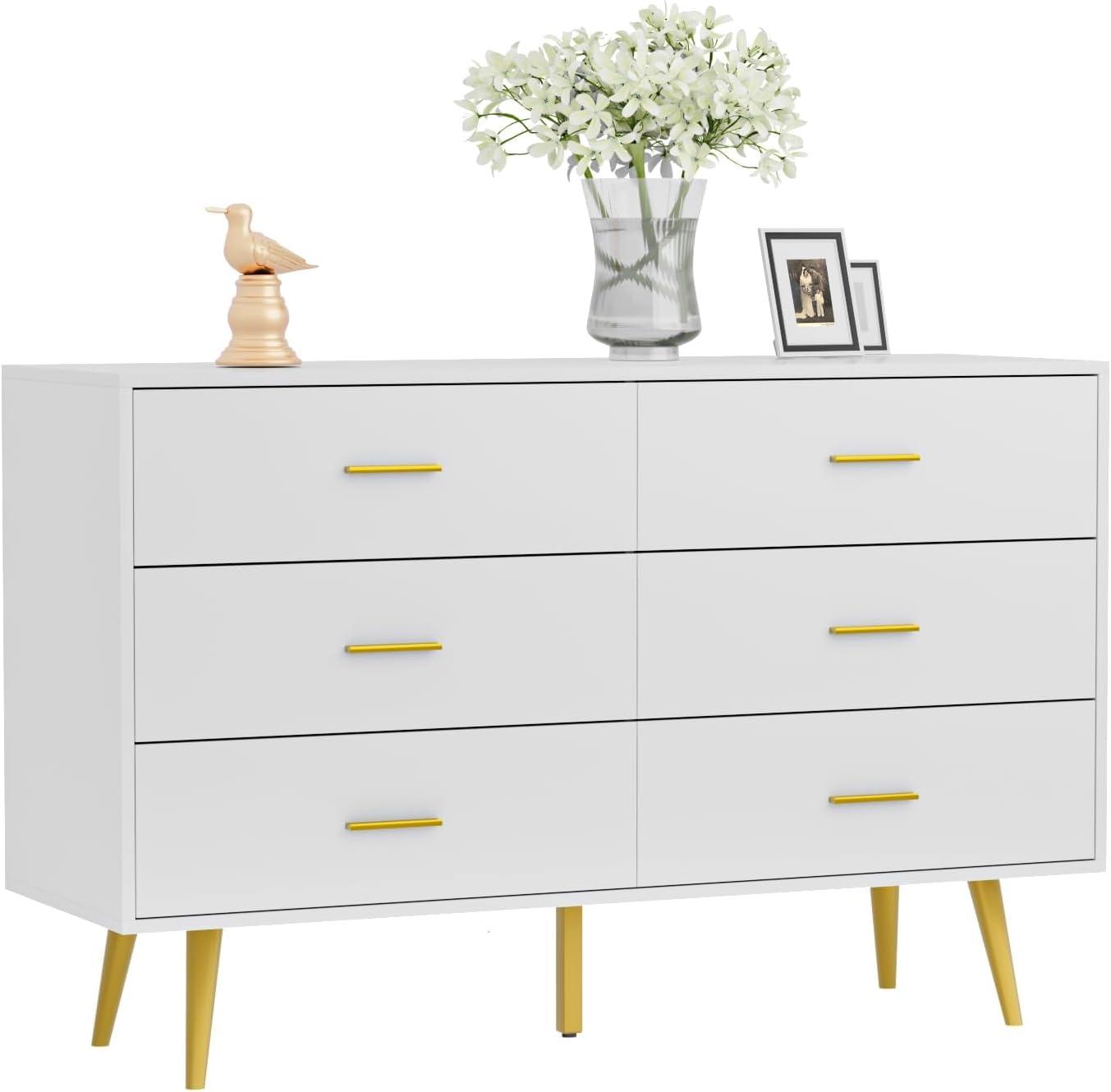 White Dresser with 6 Drawer for Bedroom,  RESOM Modern Chest with Golden Legs & Handles, Wooden Dressers for Living Room, Hallway, Nursery