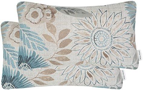 Blue Cream Floral Jacquard Rectangular Throw Pillow Covers, 12x20 Inches, Set of 2