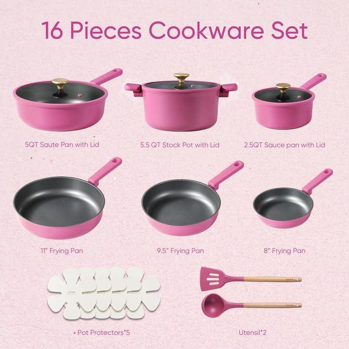 CAROTE 16pcs Nonstick Cookware set, Pots and Pans, Premium Induction Cookware, Durable & Easy to Clean, Large Frying Pan, Rose Pink