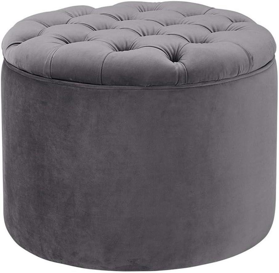 Queen Round Tufted Seat Grey Velvet Storage Ottoman by TOV Furniture