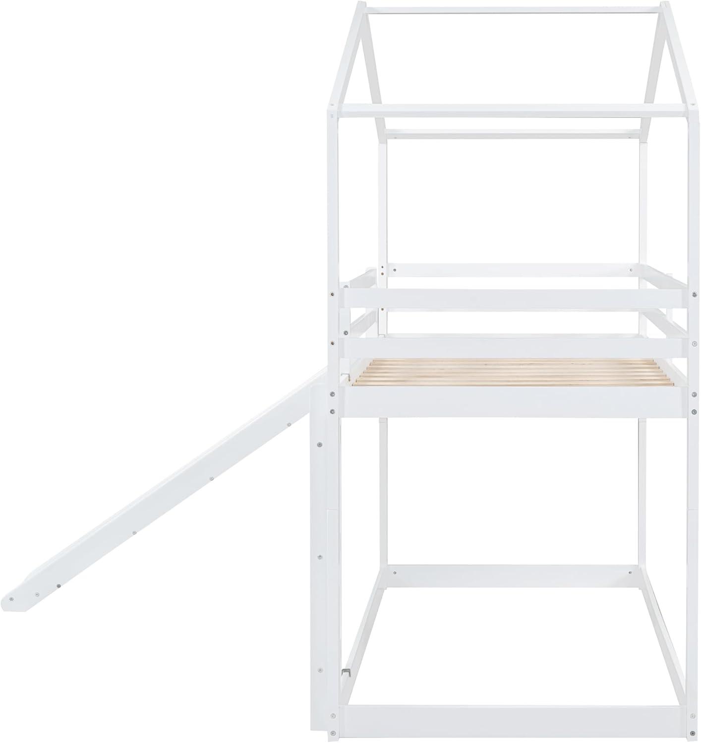 Kids House Bunk Bed with Slide, Solid Wood Bunk Beds Twin Over Twin Size with High Guardrail, Able to Split, Kids Loft/Bunk Bed, Storage Space, Noise Free, Easy Assembly (White)