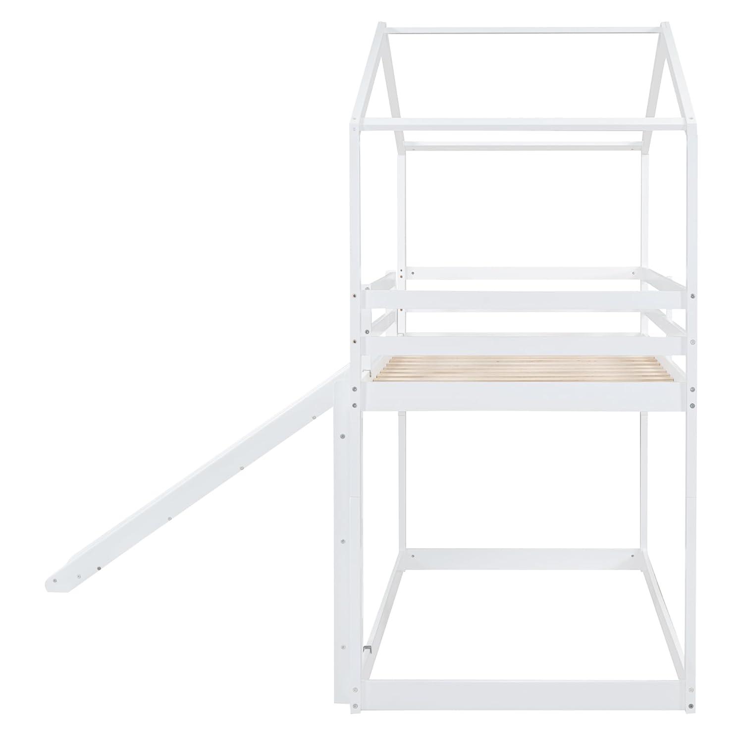 Kids House Bunk Bed with Slide, Solid Wood Bunk Beds Twin Over Twin Size with High Guardrail, Able to Split, Kids Loft/Bunk Bed, Storage Space, Noise Free, Easy Assembly (White)