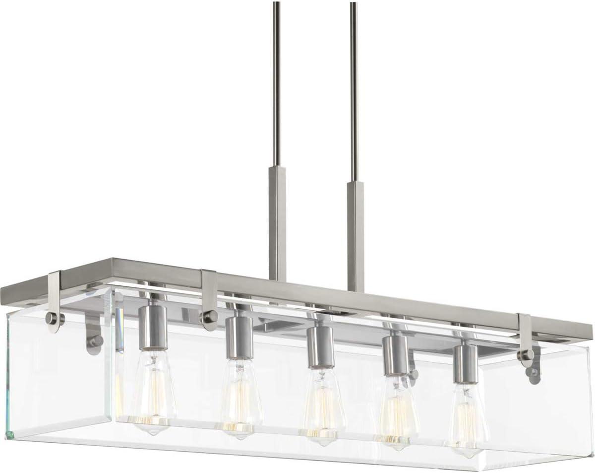 Progress Lighting Glayse 5-Light Linear Chandelier, Brushed Nickel, Beveled Glass Shade