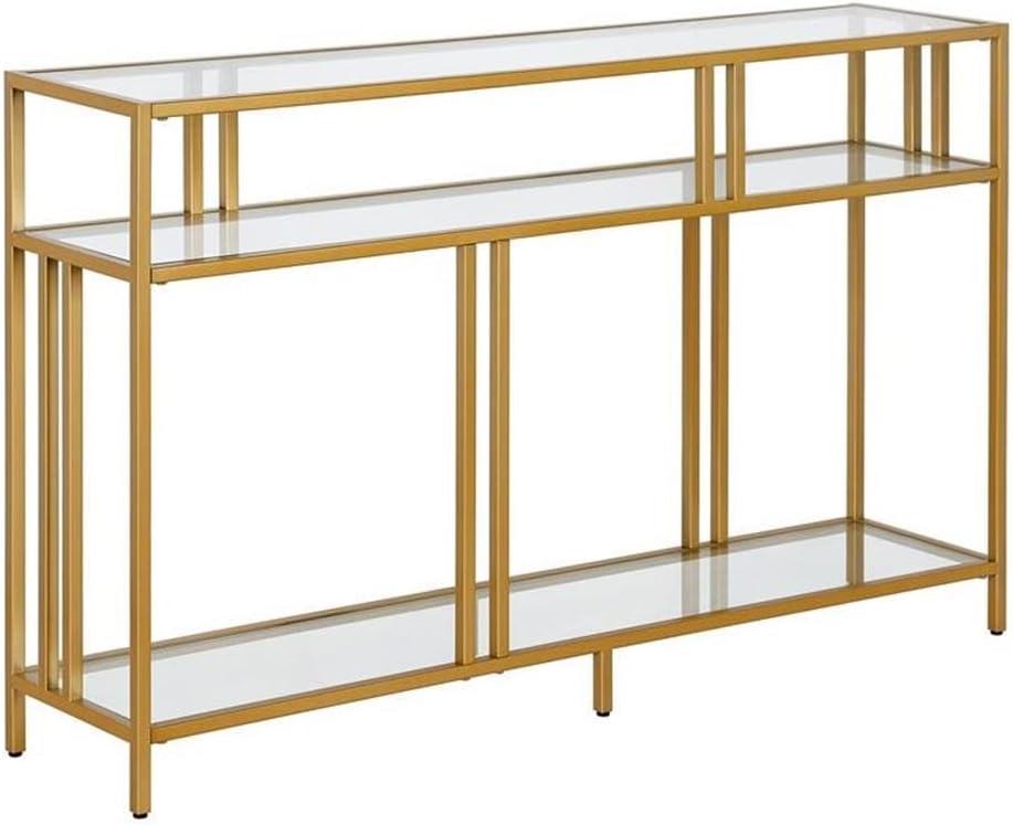 Evelyn&Zoe Cortland 48" Wide Rectangular Console Table with Glass Shelves, Brass