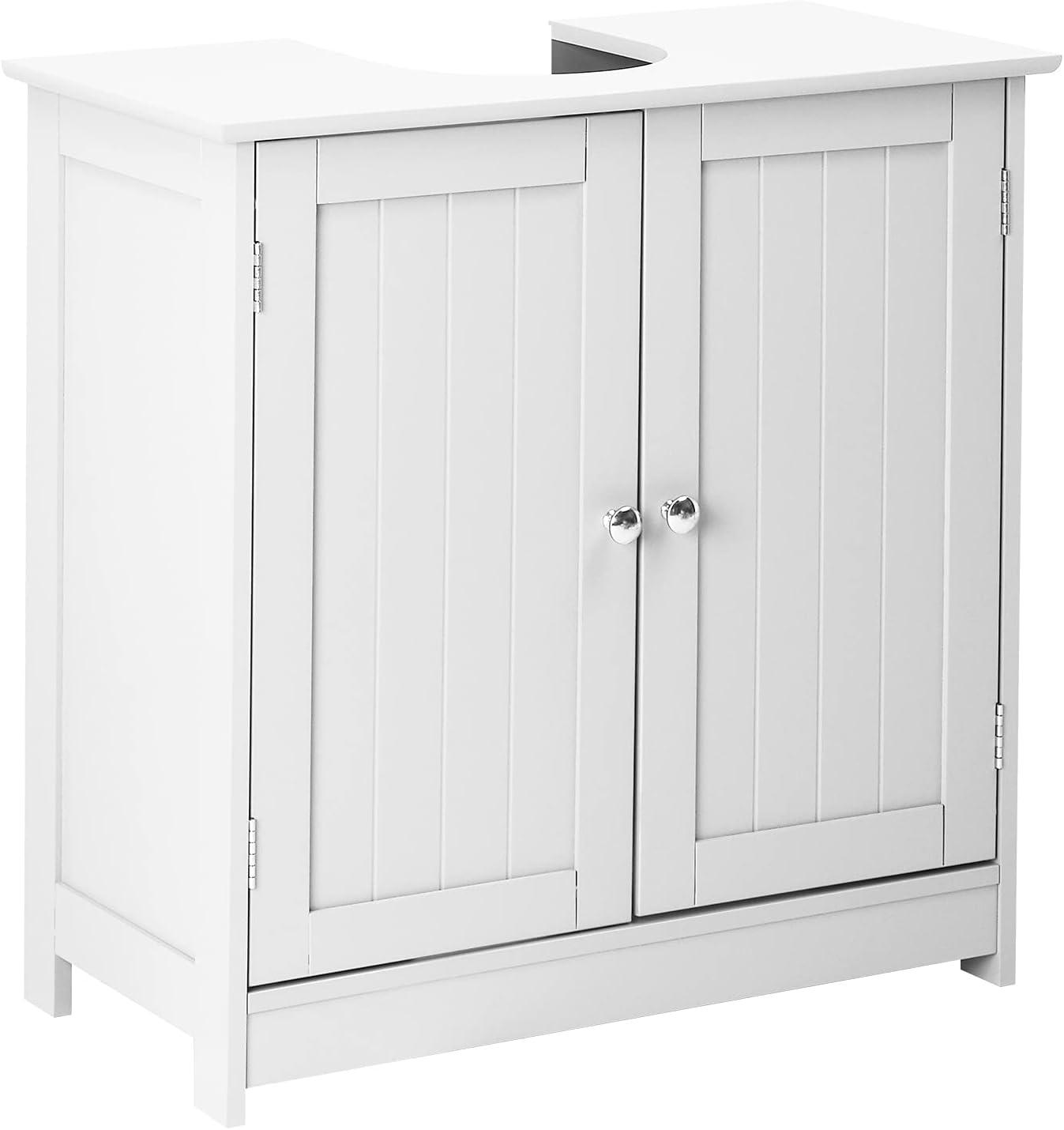 White Engineered Wood Pedestal Bathroom Sink Cabinet with Slatted Doors